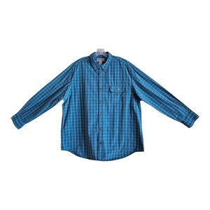 DULUTH TRADING CO Men's XL Shirt Button Down Plaid Blue Black 100% Cotton 50"